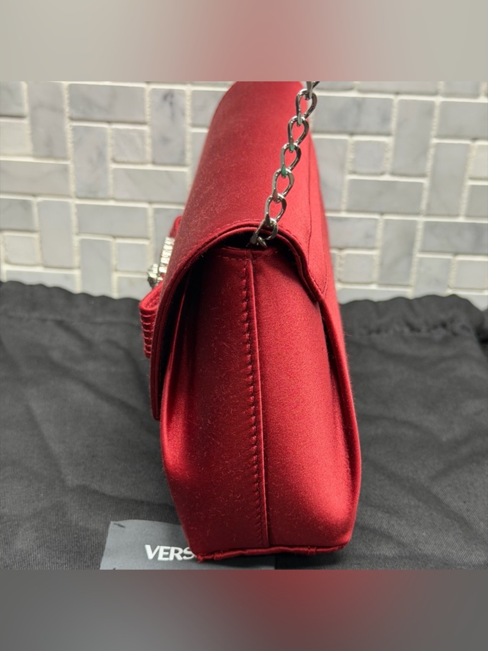 Versace Medusa Crystal Clutch Bag Red Satin Envelope Chain Shoulder Bag Italy - Picture 3 of 10